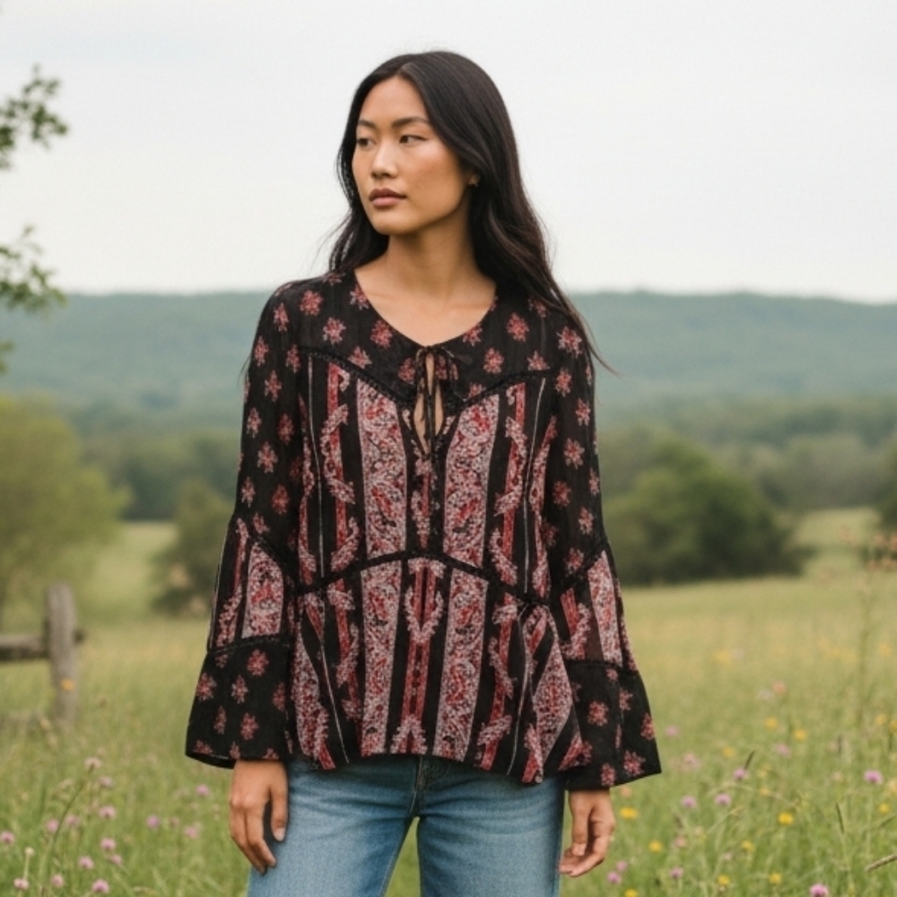Avec Les Filles Black and Fuchsia Floral Pheasant Blouse